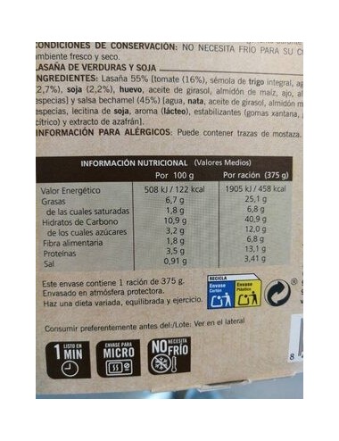 Carretilla Lasaña de Verduras y Soja 10 UDS de 375 GR (Lasaña Especial Vegetarianos)