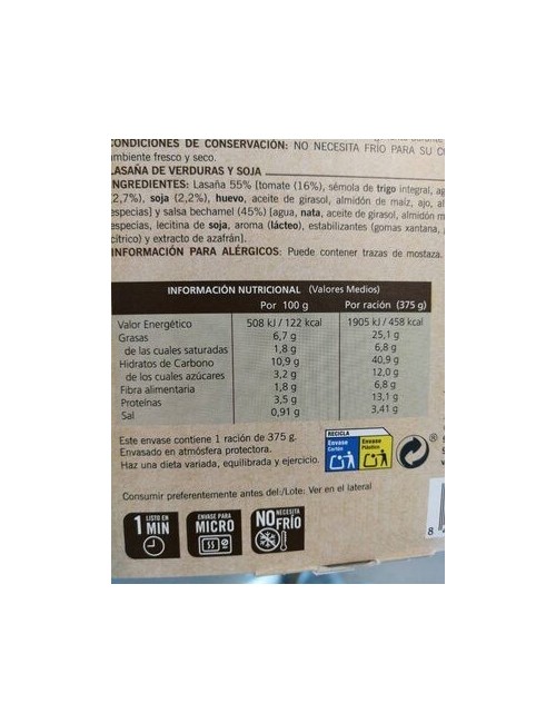 Carretilla Lasaña de Verduras y Soja 10 UDS de 375 GR (Lasaña Especial Vegetarianos)