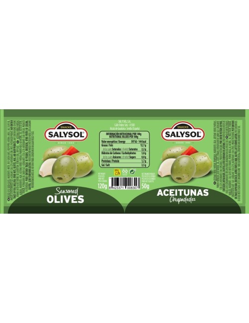 Salysol Aceitunas Chupadedos 96 UDS de 50 GR Etiquetado Multi Lenguage Maxima Frescura(Caducidad Minima 2 Años y Medio)