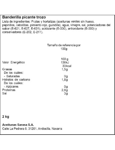 Sarasa 1 Cubo Banderillas Picantes Trozo Peso Bruto 3,85 Kg , Escurrido 2,2  Kg