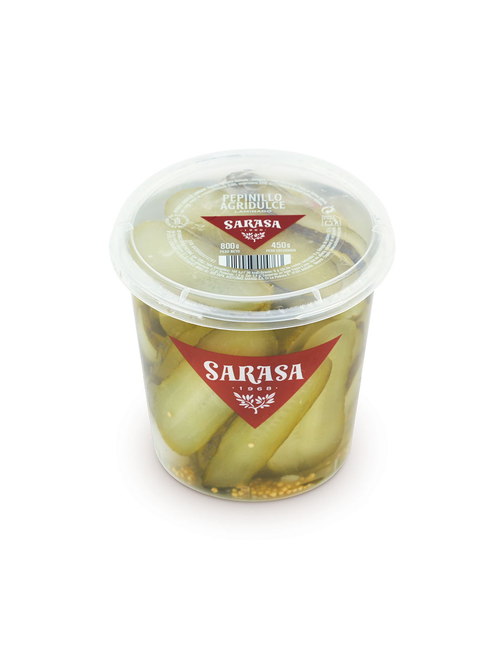 Sarasa Pepinillo Laminado Agridulce Tarrina Caja de 6 Unidades,Peso Bruto 840 Gr,Peso Escurrido 450 Gr.