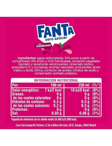 Fanta Frambuesa 24 Uds de 500 Ml Zero Azúcar,Bajo en Calorias