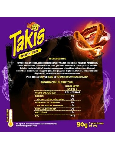 Takis Smokin BBQ 18 Uds de 90 Gr Maíz Enrrollado con Sabor a Barbacoa Ahumada(Nivel Bajo Picante,Multilenguaje sin Tarificar)