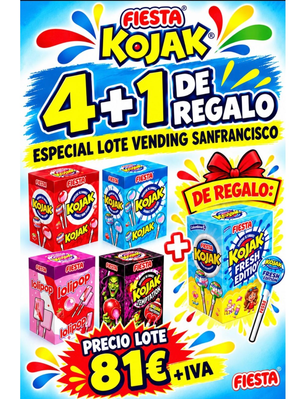 Fiesta Kojak, Lote Fiesta (Cereza,Pintalenguas,Lolipop,Templatión de Regalo Kojak Fresh Editión